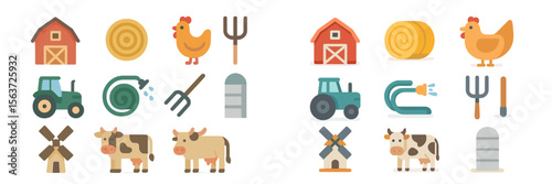 Colorful illustrations of farm animals, tools, and equipment representing rural life