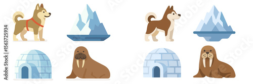 Cute animal illustrations featuring dogs and walruses with icy landscapes in a playful design style