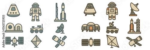 Various icons representing space exploration, technology, and scientific research in a simple design