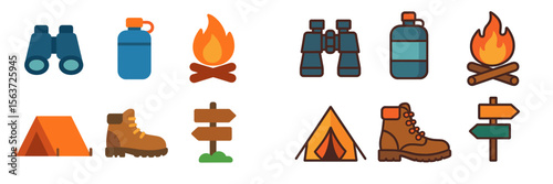 Camping essentials icons set featuring binoculars, water bottles, campfires, and hiking gear on a digital platform
