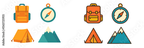 Outdoor adventure symbols including backpacks, compasses, mountains, and tents for camping enthusiasts