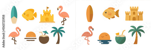 Playful beach-themed icons featuring colorful elements like flamingos, fish, and surfboards amidst a summer atmosphere