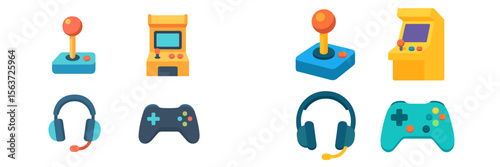 Colorful and nostalgic gaming equipment featuring retro arcade machines and modern game controllers
