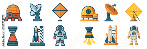 Colorful illustrations of space exploration tools, equipment, and astronauts on a white background