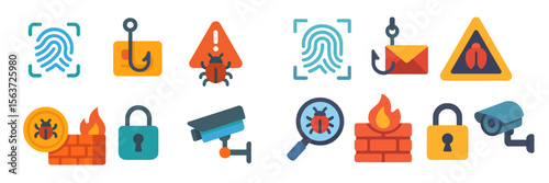 Colorful security icons representing cybersecurity risks and protective measures in a digital environment