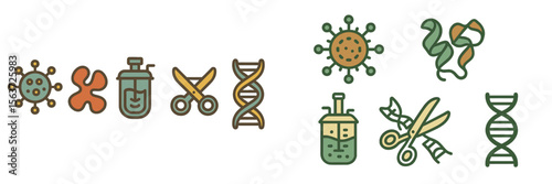 Scientific illustrations of viruses and DNA strands depicting research and laboratory activities