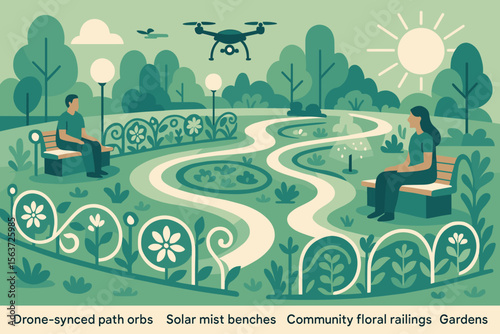 Smart community garden park with drones, floral railings, and mist benches