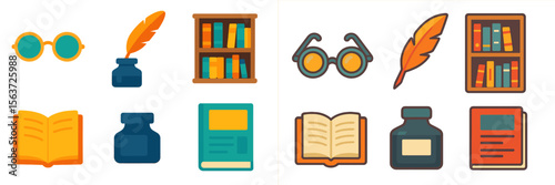 Collection of colorful icons representing reading, writing, and literature activities in a cozy library setting