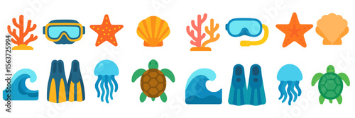 Colorful underwater icons featuring marine life and diving equipment in a playful design