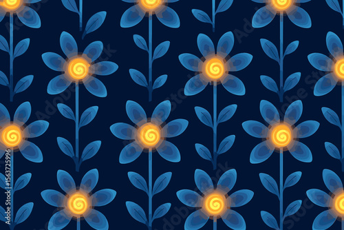 Seamless glowing blue floral pattern with spiral centers and vertical stems