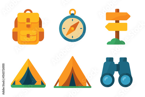 Camping essentials include backpack, compass, signpost, tents, and binoculars for outdoor adventures