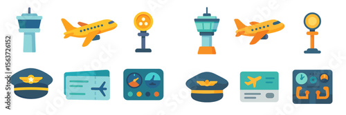 Air travel elements including pilots, aircraft, and control towers depicted in a colorful, simple design style