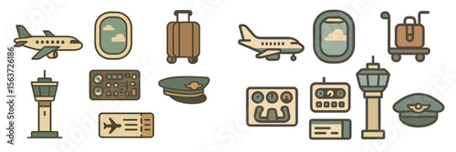 Collection of travel and aviation icons depicting various elements of air travel
