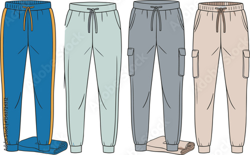 Men jogger pants vector template, front view set, modern casual fashion flat sketch, detailed illustration for apparel design projects.

 flat vector illustration