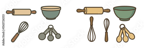 Kitchen tools and utensils collection displayed on a simple background with rolling pins, bowls, whisks, and measuring spoons