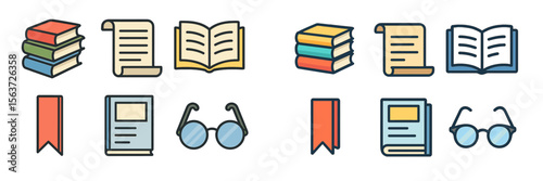 Various colorful books, reading materials, and accessories displayed in a flat layout for educational purposes