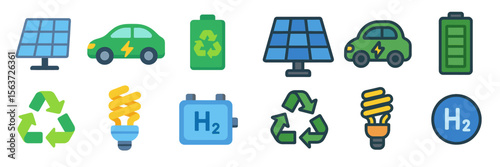 Renewable energy icons representing green technology initiatives for sustainability and environmental awareness