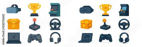 Various gaming icons featuring trophies, controllers, and virtual reality equipment arranged in two sections