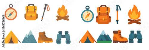 Hiking gear and camping icons symbolizing outdoor adventure and exploration in nature