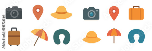 Travel essentials for a summer vacation at the beach featuring camera, bags, hats, and umbrellas for sun protection