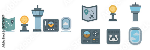 Airport navigation tools and control tower symbols represent flight operations and travel planning within a bustling travel hub
