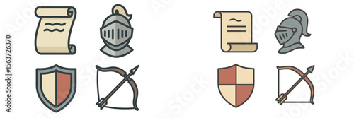 Simple illustrations of medieval items including warriors helmets, shields, scrolls, and bows in a flat design style
