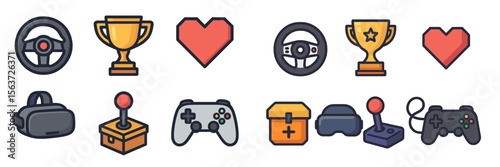 Collection of gaming icons representing various aspects of video game culture and play experiences