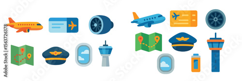 Elements of aviation featuring planes, maps, and airport symbols in a colorful illustration