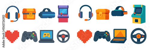 Colorful gaming icons representing various equipment and accessories in a digital art style perfect for gaming enthusiasts and designers