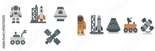 Icons depicting space exploration including astronauts, rockets, and satellites on a simple background