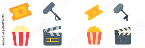 Colorful cinema icons representing movie tickets, popcorn, and film equipment in a fun, creative design for entertainment themes