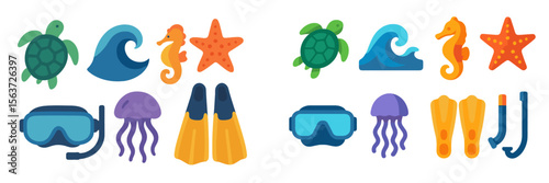 Colorful marine life and snorkeling gear displayed creatively for ocean-themed activities