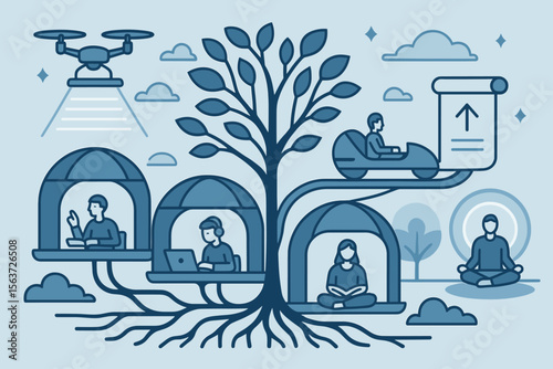 Futuristic treehouse workspace concept with drone and meditation zones