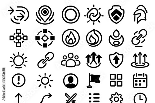 Black tactical UI icon set with combat, fire, and navigation symbols