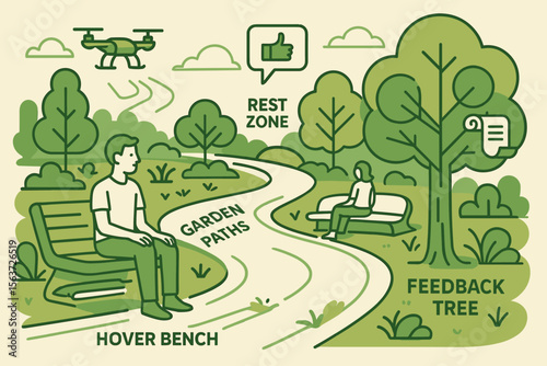Smart park illustration with labeled rest zone, drone, and feedback tree