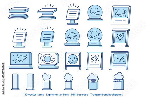 Outlined vector UI set of futuristic space exhibition elements and displays