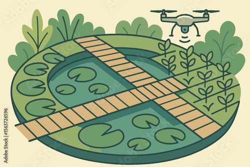 Stylized smart farm illustration with drone, circular pond, and wooden bridges