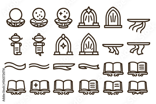Outlined fantasy UI icon set with books, scrolls, portals, and banners