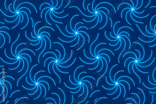 Seamless neon swirl pattern with glowing blue spiral lines on dark blue
