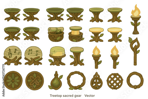 Nature-themed fantasy vector icons of tables, torches, and relics