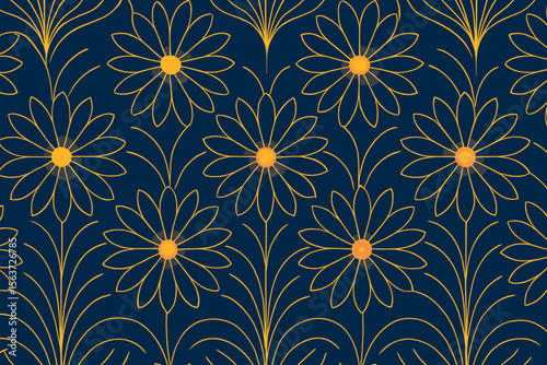 A stylized floral pattern with glowing yellow-orange flowers and delicate linear stems, set against a dark blue background, creating an elegant and vibrant design.