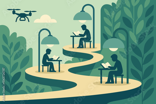 Illustration of people studying outdoors with drones and smart lights