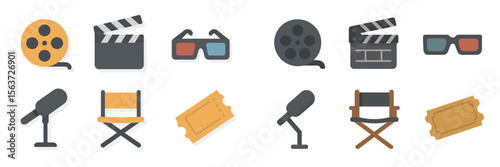 Film production symbols featuring clapperboard, glasses, microphone, chairs, and tickets arranged in a clear layout