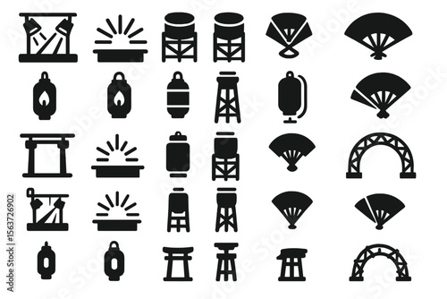 Set of oriental-themed silhouette icons featuring lanterns, fans, arches, and traditional stage elements.