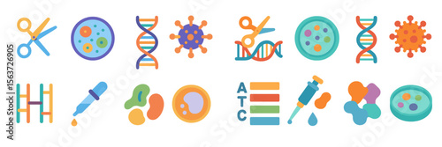 Colorful illustrations of scientific concepts and laboratory tools showcasing biology and genetics in a creative design for education