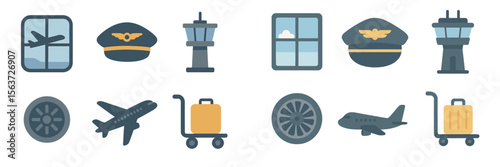 Symbols of air travel including aircraft, airport control tower, and aviation gear in modern graphic style