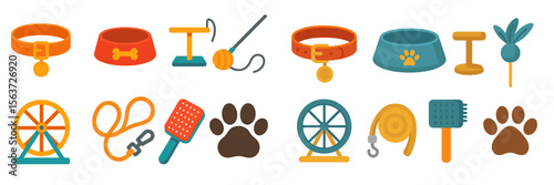 Pet accessory collection featuring collars, bowls, toys, leashes, and grooming tools arranged in colorful design