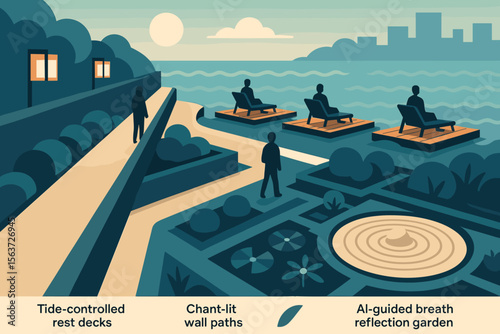 Illustration of a serene wellness space with tide-controlled decks, chant-lit paths, and AI-guided reflection gardens.