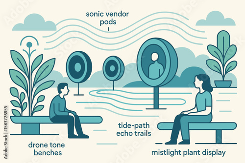 Futuristic park design with sonic pods, echo trails, and interactive benches.