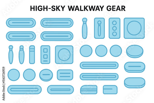 Set of futuristic vector icons for high-sky walkway gear featuring various shapes and connections.